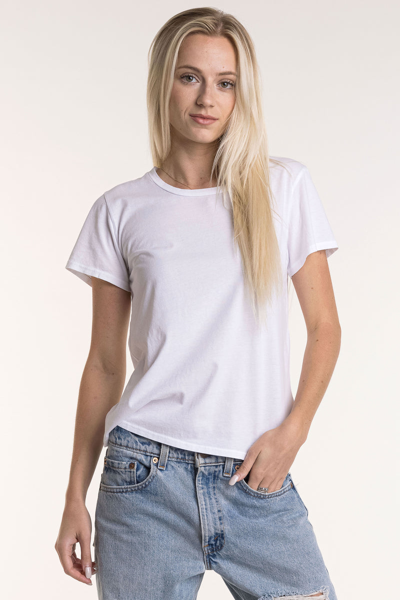 Blond female model wearing a white t-shirt